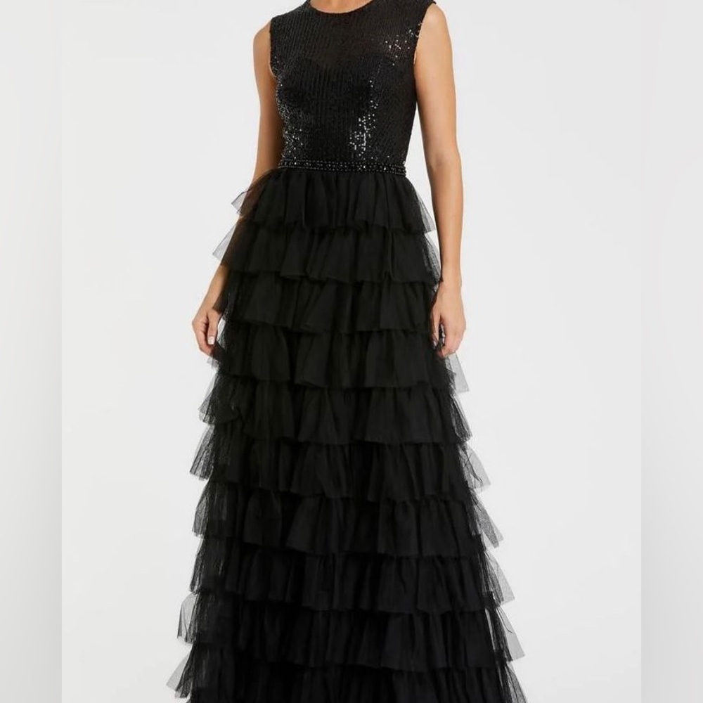 Mac Duggal Black Sequin Tiered Maxi Dress